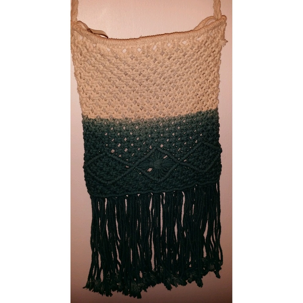 Street Level cross body shoulder Bag Crochet Knit Tassel Fringe Purse green